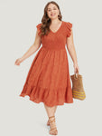 Cap Sleeves Shirred Dress With Ruffles
