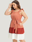 Square Neck Spaghetti Strap Belted Pocketed Dress With Ruffles