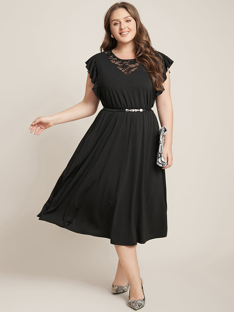 

Plus Size Women Workwear Plain Pocket Ruffle Sleeve Cap Sleeve Round Neck Pocket Workleisure Dresses BloomChic, Black