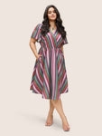 Striped Print Collared Dress With Ruffles