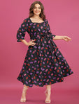 Flutter Sleeves Belted Pocketed Square Neck General Print Dress