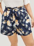 Floral Knot Front Pocket Paperbag Waist Shorts