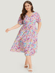 V-neck Floral Print Puff Sleeves Sleeves Gathered Dress
