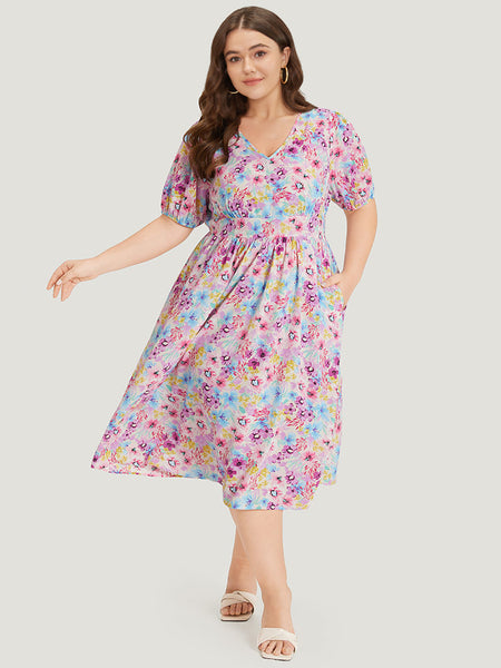 V-neck Gathered Floral Print Puff Sleeves Sleeves Dress