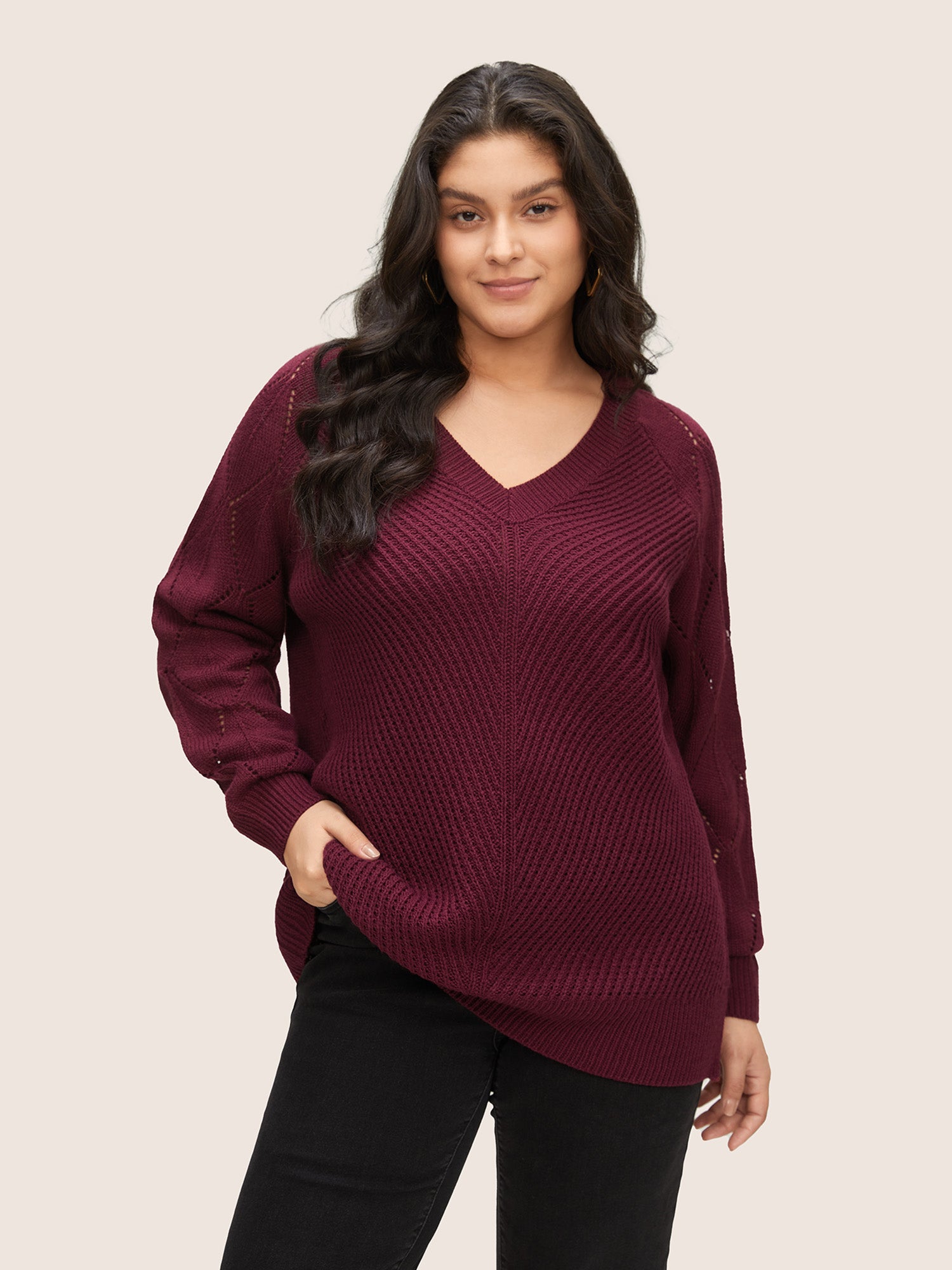 

Plus Size Pullovers | Solid Hollow Out Raglan Sleeve Pullover | BloomChic, Burgundy