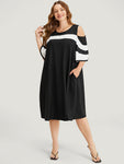 Pocketed Colorblocking Cold Shoulder Sleeves Dress