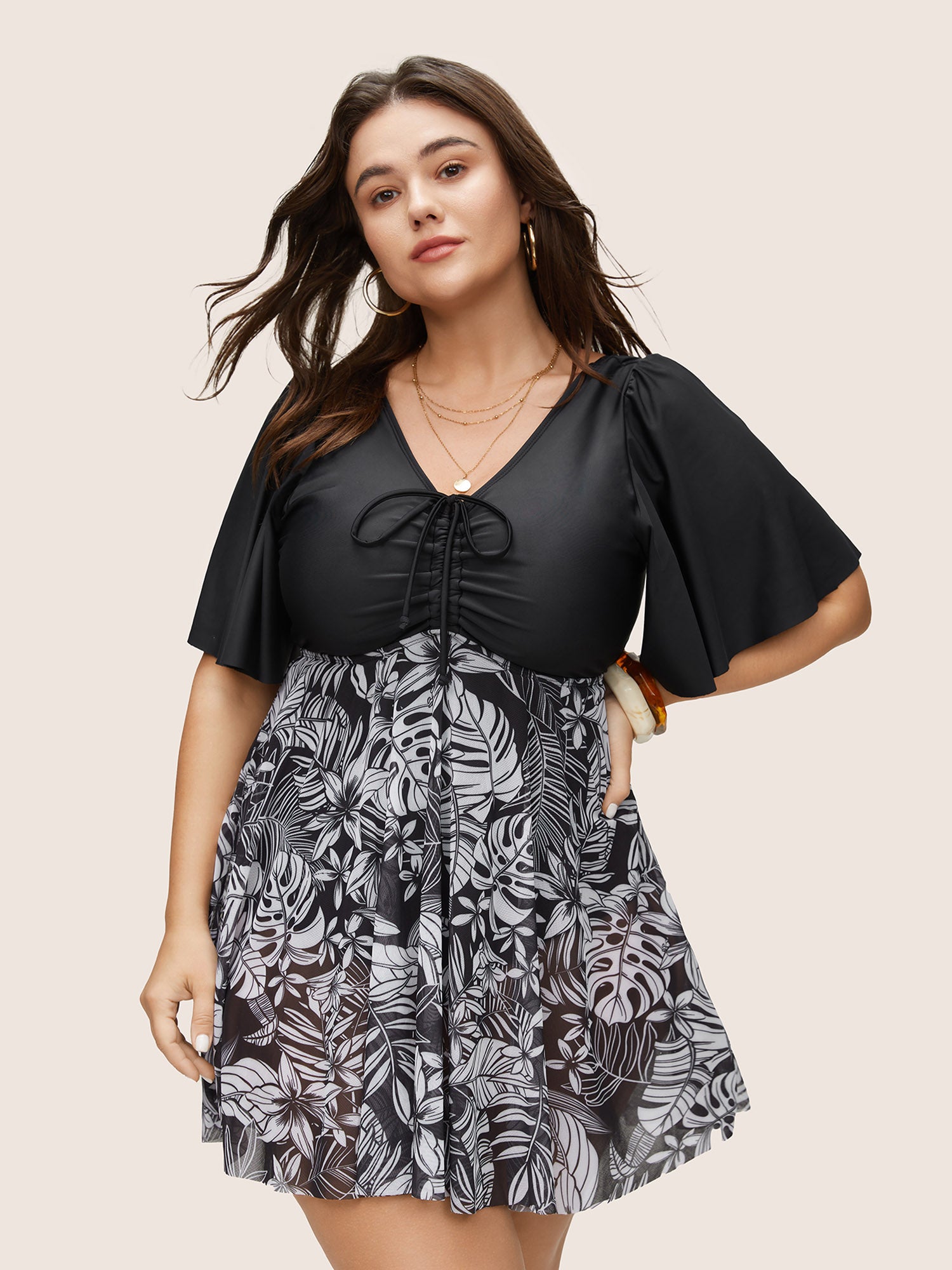 

Tropical Print Flutter Sleeve Drawstring Swim Dress, Black