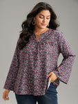 Ditsy Floral Notched Bell Sleeve Blouse