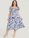 Shirred Pocketed Floral Print Square Neck Ruffle Trim Dress