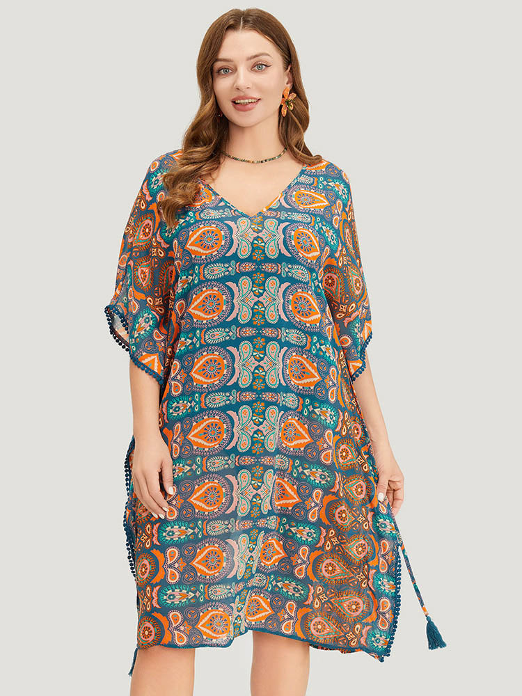 

Paisley Print Dolman Sleeve Tassels Pompom Trim Cover Up BloomChic, Multicolor