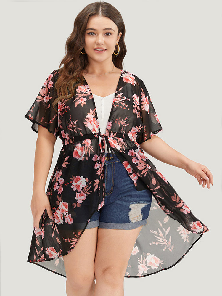 

Floral Print Mesh Drawstring Knot Open Front Kimono BloomChic, Black flower