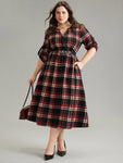 Plaid Print Notched Collar Elasticized Waistline Dress