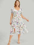 Puff Sleeves Sleeves Floral Print Pocketed Ruched Dress