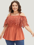 Plain Lace Trim Ruffle Hem Cold Shoulder Blouse