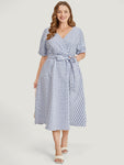 Checkered Gingham Print Belted Pocketed Wrap Batwing Sleeves Dress