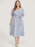 Batwing Sleeves Belted Pocketed Wrap Checkered Gingham Print Dress