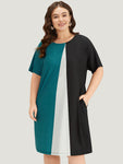 Colorblock Pocket Batwing Sleeve Contrast Patchwork Dress