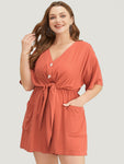 Solid Pocket Button Up Belted Knotted Front Romper