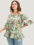 Floral Print Lace Insert Ruffles Cold Shoulder Blouse