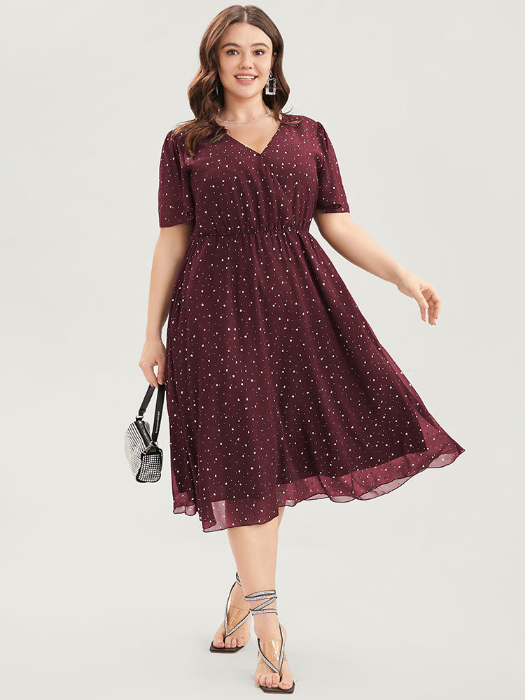 

Plus Size Women Party Polka Dot Pocket Ruffle Sleeve Short sleeve V-neck Pocket Glamour Dresses BloomChic, Burgundy