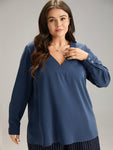 Solid V Neck Button Up Pleated Blouse
