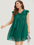 Ruffle Trim Cap Sleeves Pocketed Mesh Sequined Dress