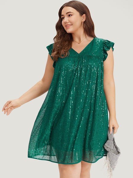 Ruffle Trim Cap Sleeves Sequined Pocketed Mesh Dress
