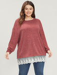 Solid Round Neck Lace Hem Long Tee