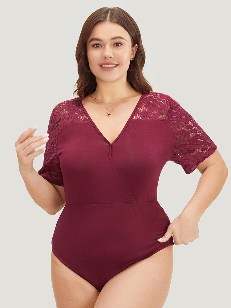 

Plain Crochet Lace Mesh Surplice Neck Bodysuit BloomChic, Burgundy