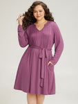Pocketed Pleated Belted Notched Collar Dress