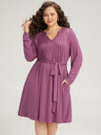 Notched Collar Pleated Pocketed Belted Dress