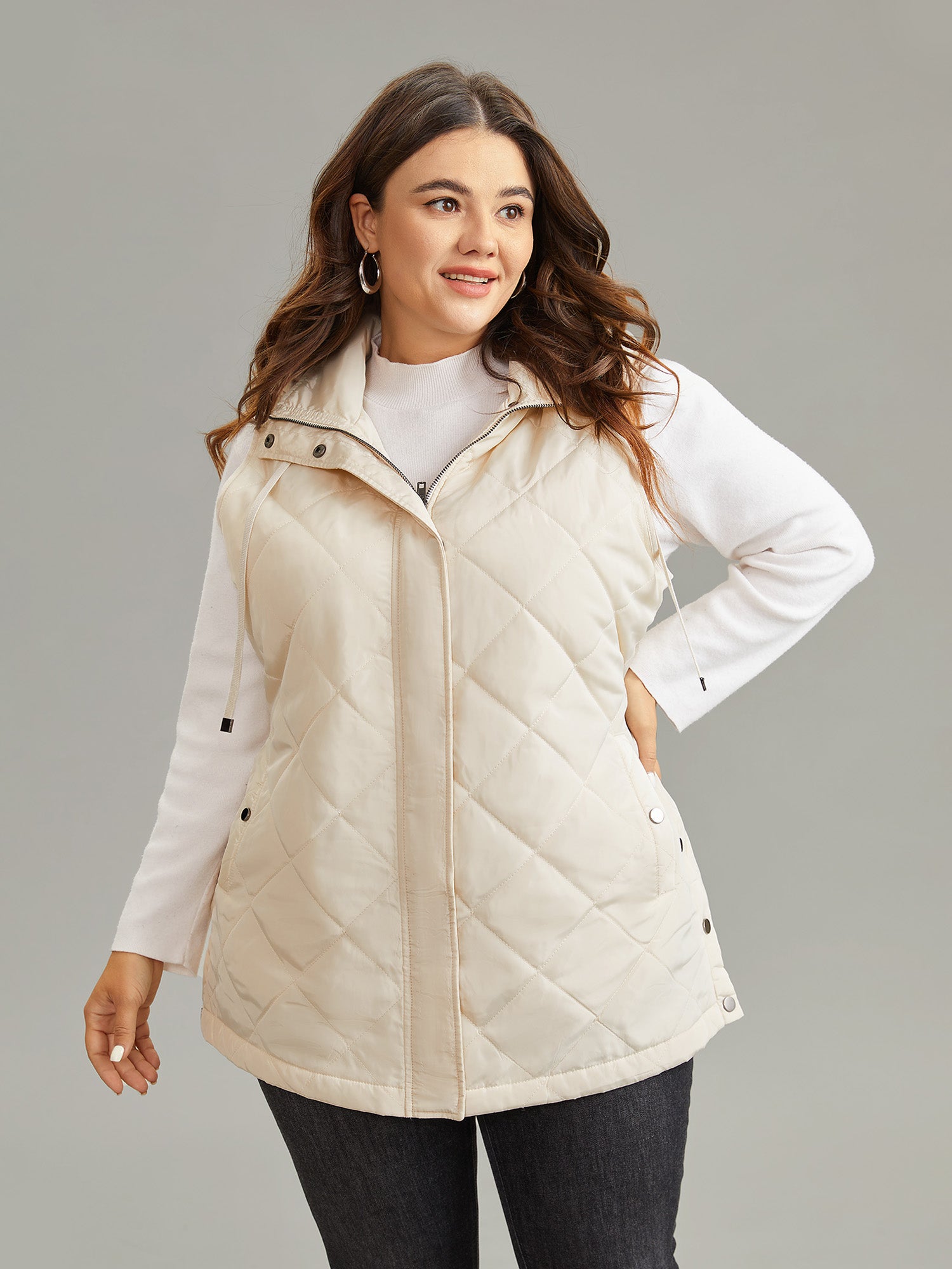 

Plus Size Jackets | Hooded Quilted Split Hem Vest Jacket | BloomChic, Beige