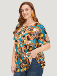 Allover Print Round Neck Contrast Blouse