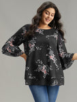 Floral Chiffon Ruffle Sleeve Mesh Patchwork Blouse