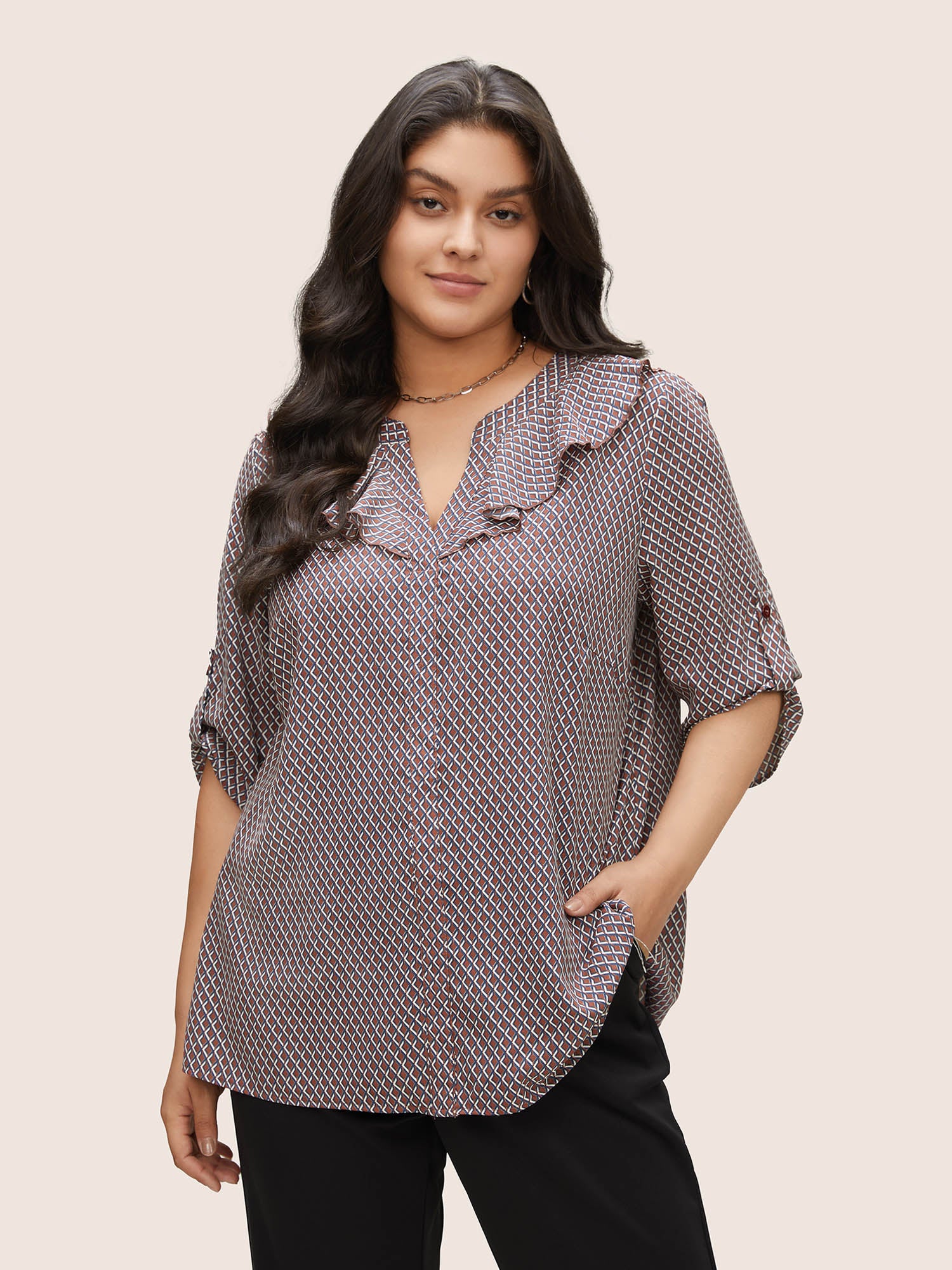 

Plus Size Women Work Gingham Button Regular Sleeve Elbow-length sleeve V-neck At the Office Blouses BloomChic, Indigo