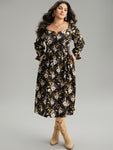 Frill Trim Floral Print Notched Collar Shirred Gathered Dress