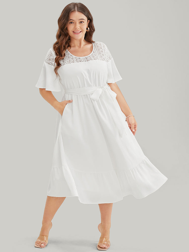 

Plus Size Women Dailywear Plain Lace Ruffle Sleeve Short Sleeve Round Neck Pocket Belt Elegance Dresses BloomChic, White
