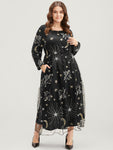 Moon And Star Pocket Lantern Sleeve Embroidered Mesh Dress