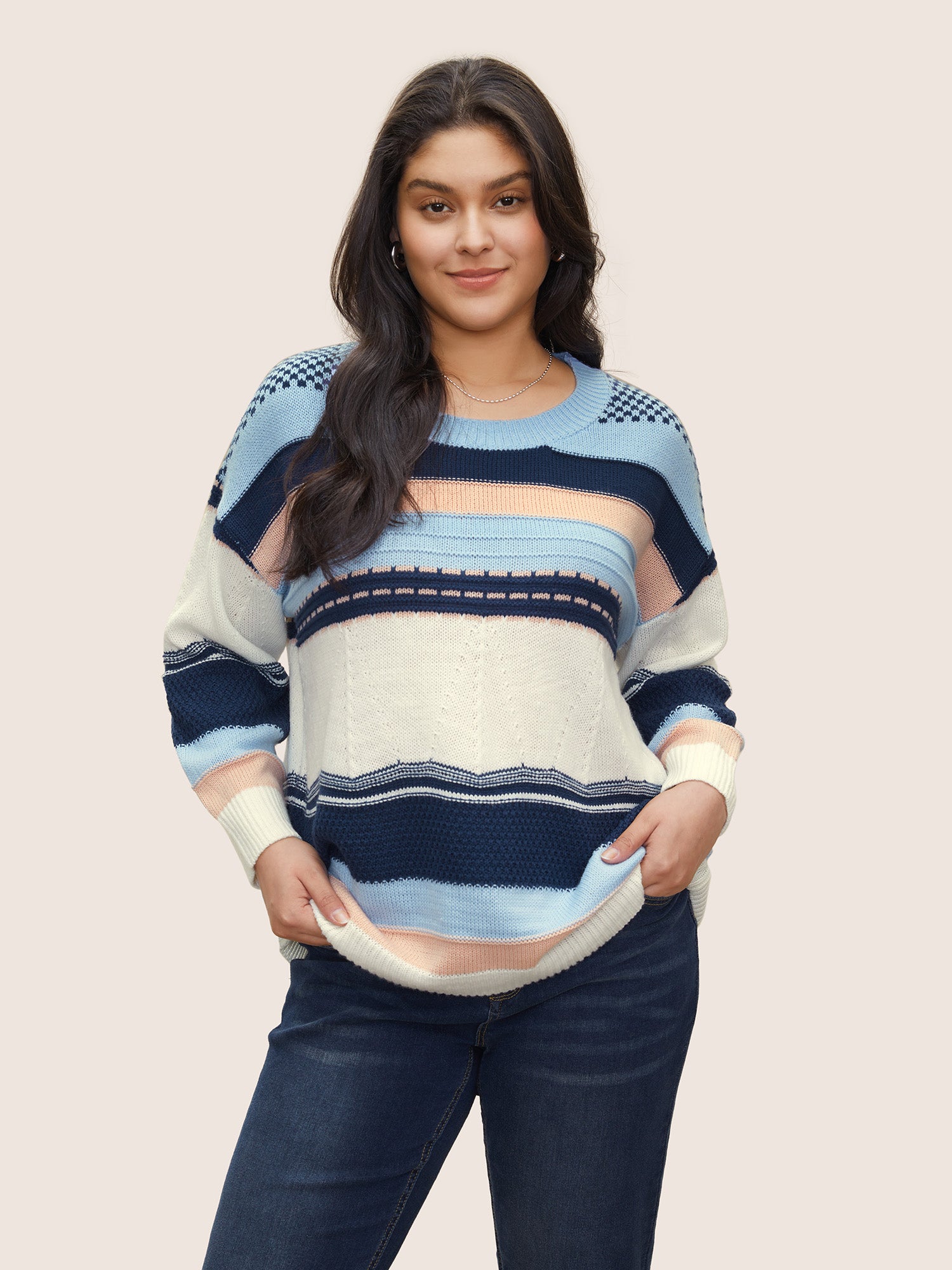 

Plus Size Pullovers | Colorblock Contrast Textured Knit Pullover | BloomChic, Light blue