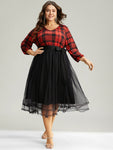 Mesh Belted Elasticized Waistline Plaid Print Dress