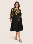 Belted Glittering Keyhole Floral Print Flutter Sleeves Dress