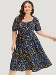 Square Neck Puff Sleeves Sleeves Ruched Floral Print Dress