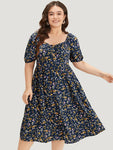 Ditsy Floral Ruched Square Neck Puff Sleeve Dress