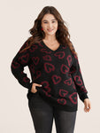 Heart Jacquard Contrast Drop Shoulder Pullover