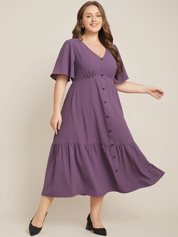 

Plus Size Women Workwear Plain Button Ruffle Sleeve Short Sleeve V Neck Pocket Workleisure Dresses BloomChic, Mauve