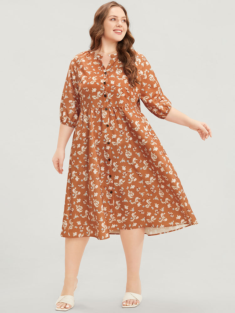 

Plus Size Women Dailywear Ditsy Floral Button Lantern Sleeve Half Sleeve V Neck Pocket Elegance Dresses BloomChic, Russet