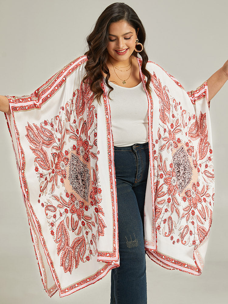 

Plus Size Cover Ups/Kimonos | Paisley Print Asymmetrical Hem Drape Kimono | BloomChic, Brown