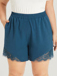 Solid Pocket Lace Insert Elastic Waist Shorts