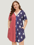 Star & Striped Patchwork Curved Hem Pocket Dress