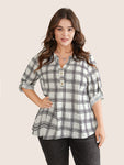 Plaid Tab Sleeve Button Up Notched Blouse